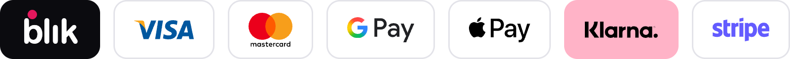 Metody płatności: BLIK, Visa, Mastercard, Google Pay, Apple Pay, Klarna, Stripe